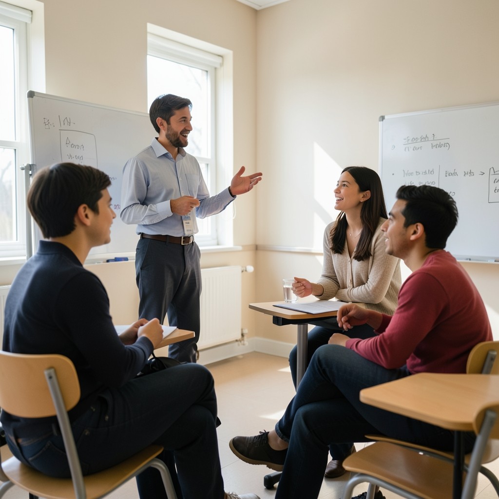Faculty member speaking with learners in a seminar room