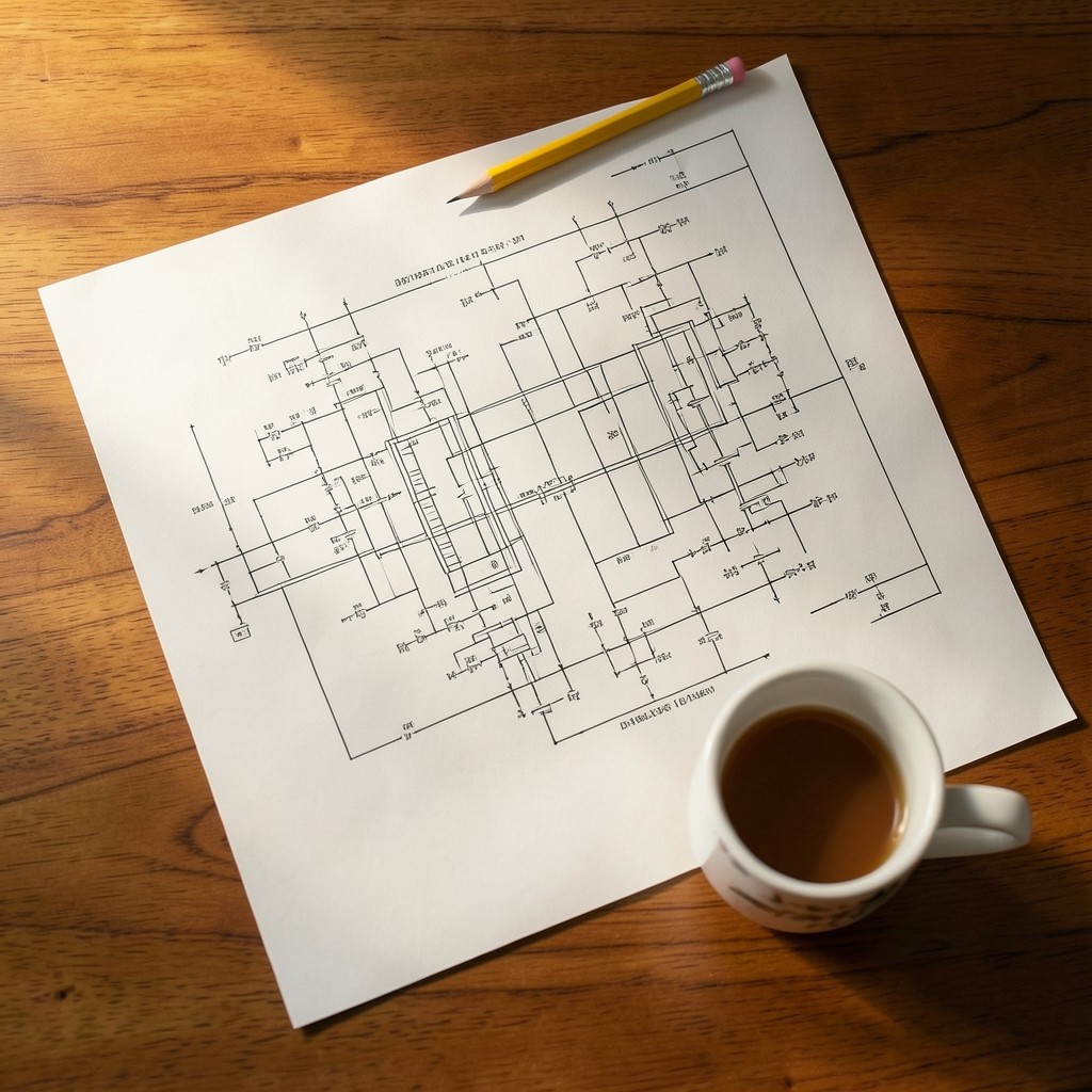 Printed piping and instrumentation diagram on a desk