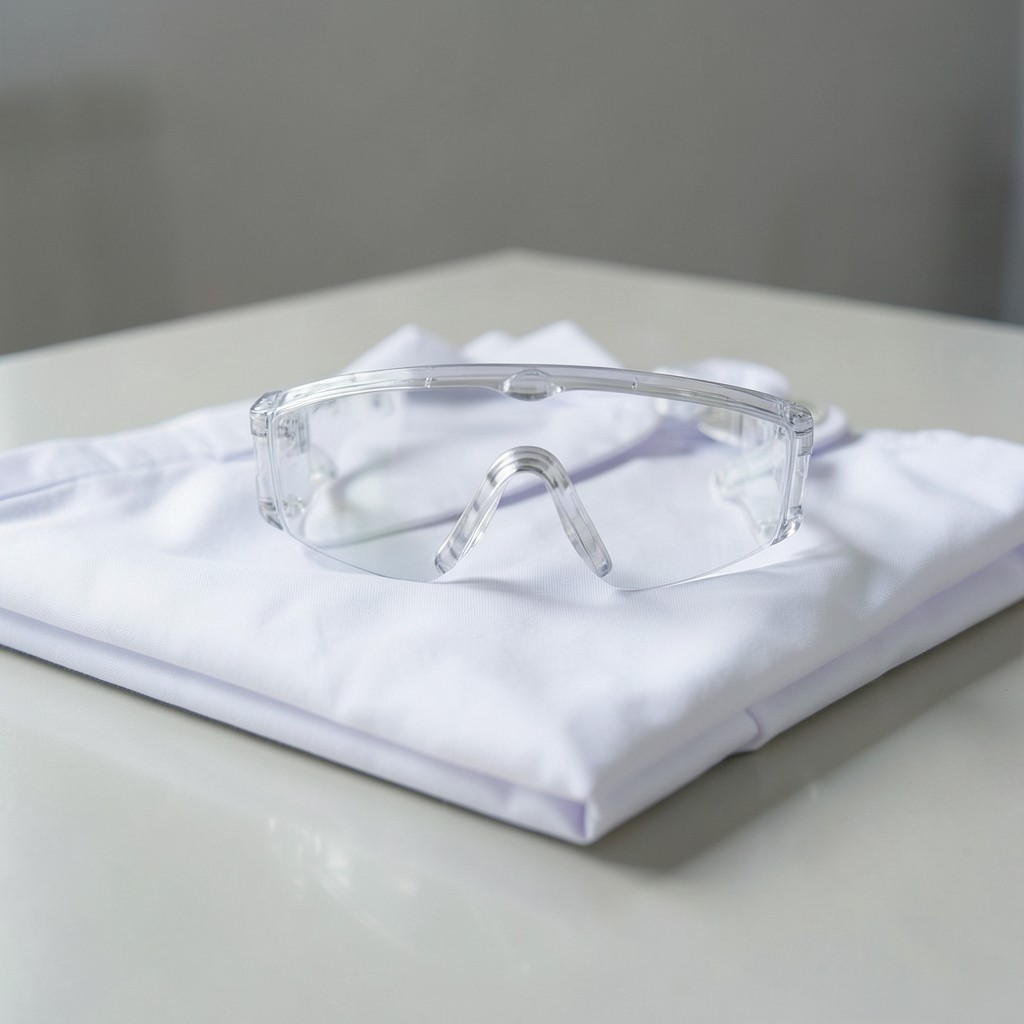 Safety goggles and lab coat on a laboratory bench