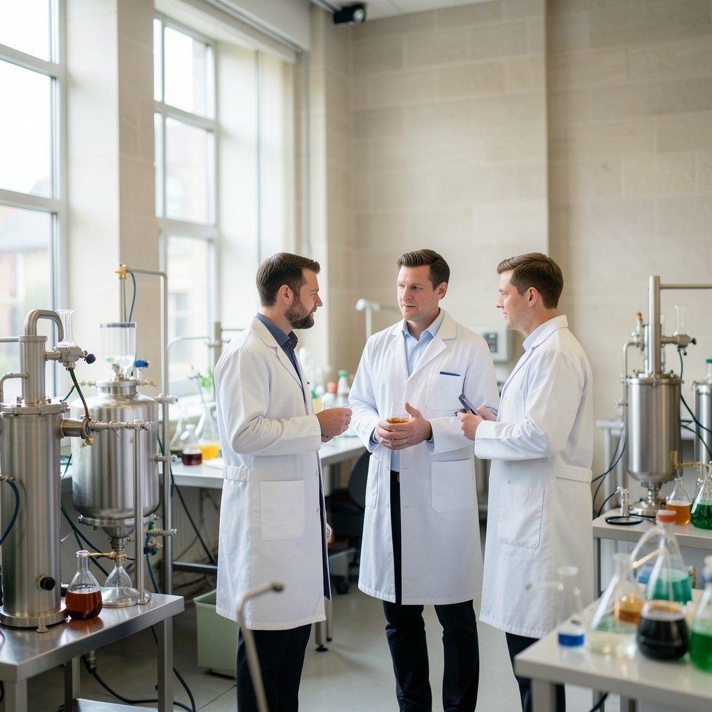 Learners and tutor reviewing equipment in a chemical engineering teaching laboratory