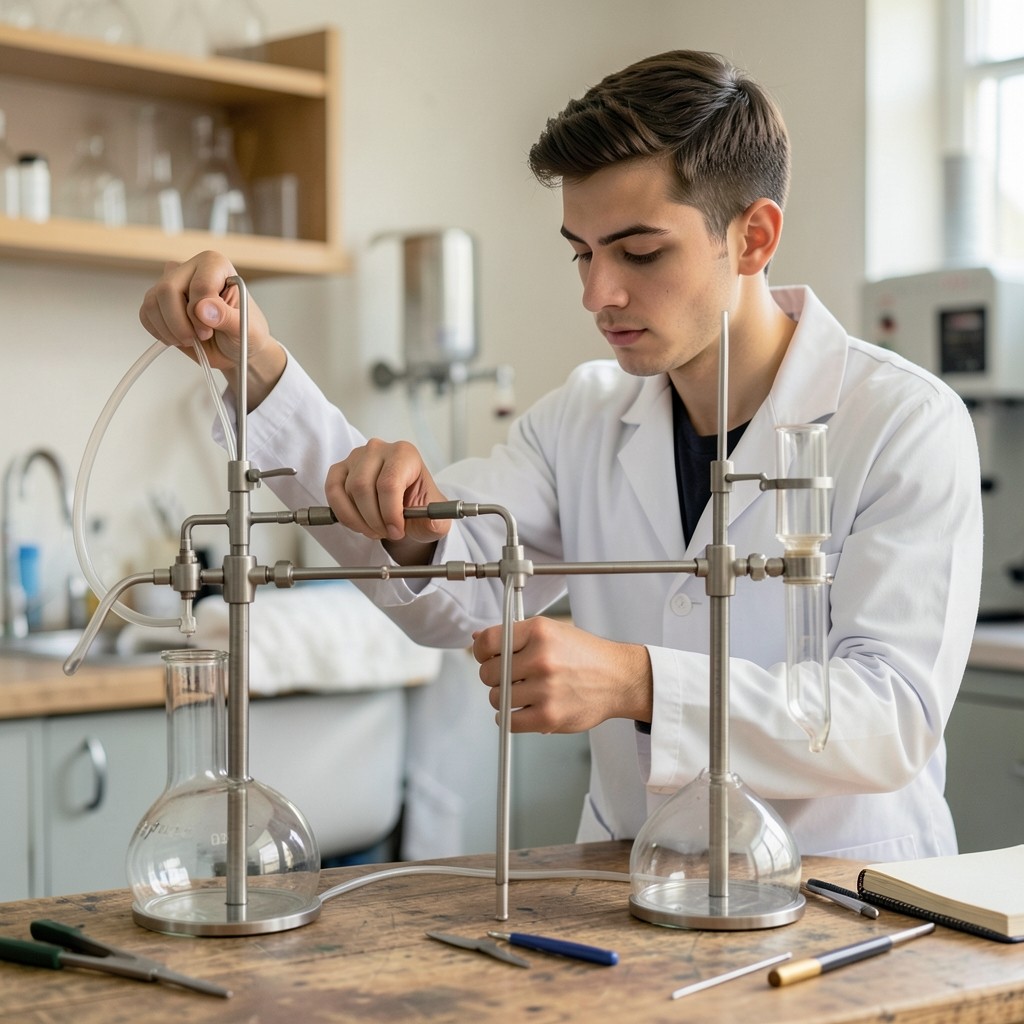 Learner adjusting a distillation apparatus in a teaching lab