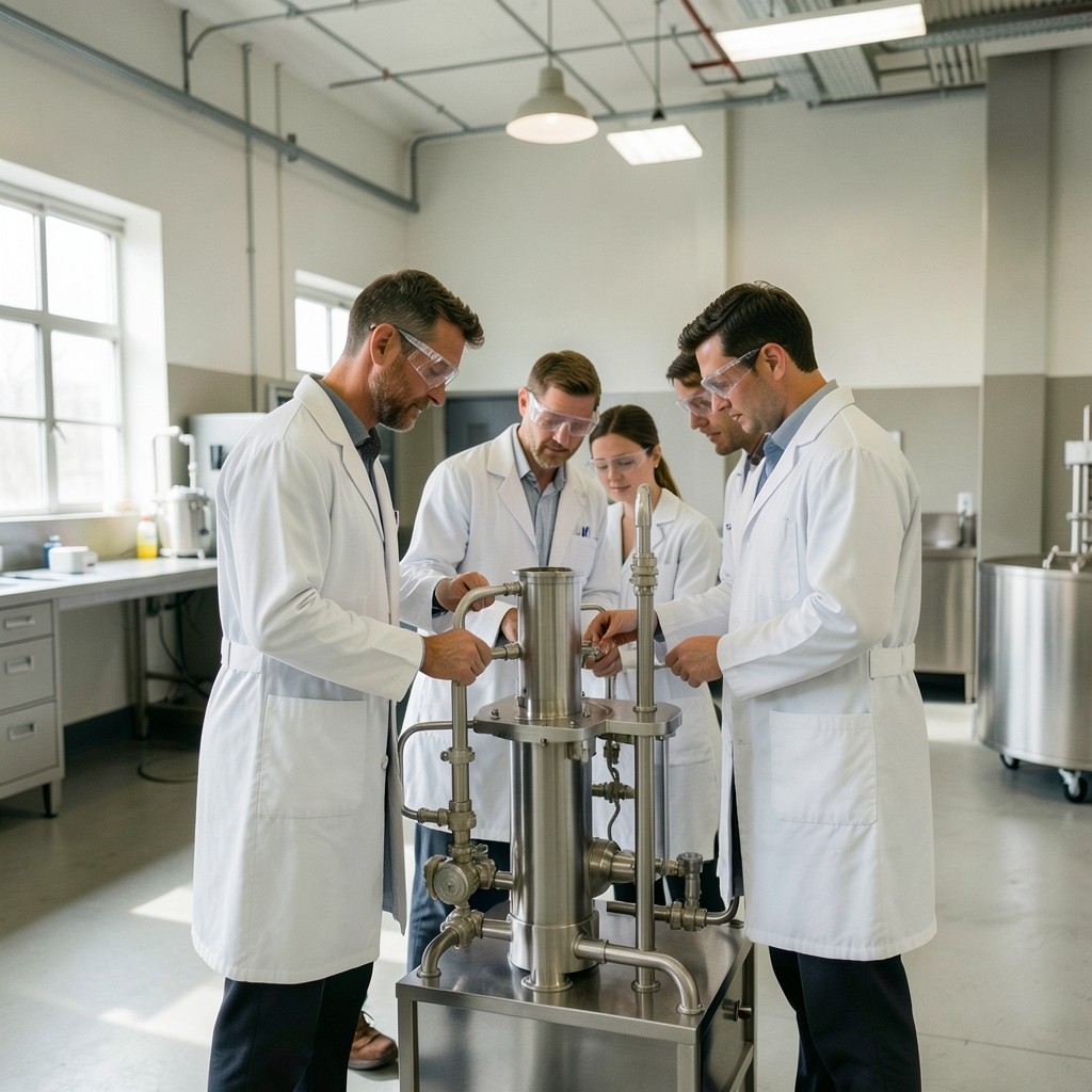 Instructor and learners beside a small pilot plant skid