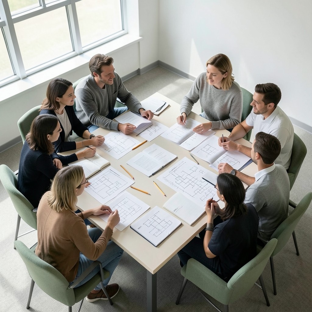 Students reviewing a process flowsheet at a drafting table